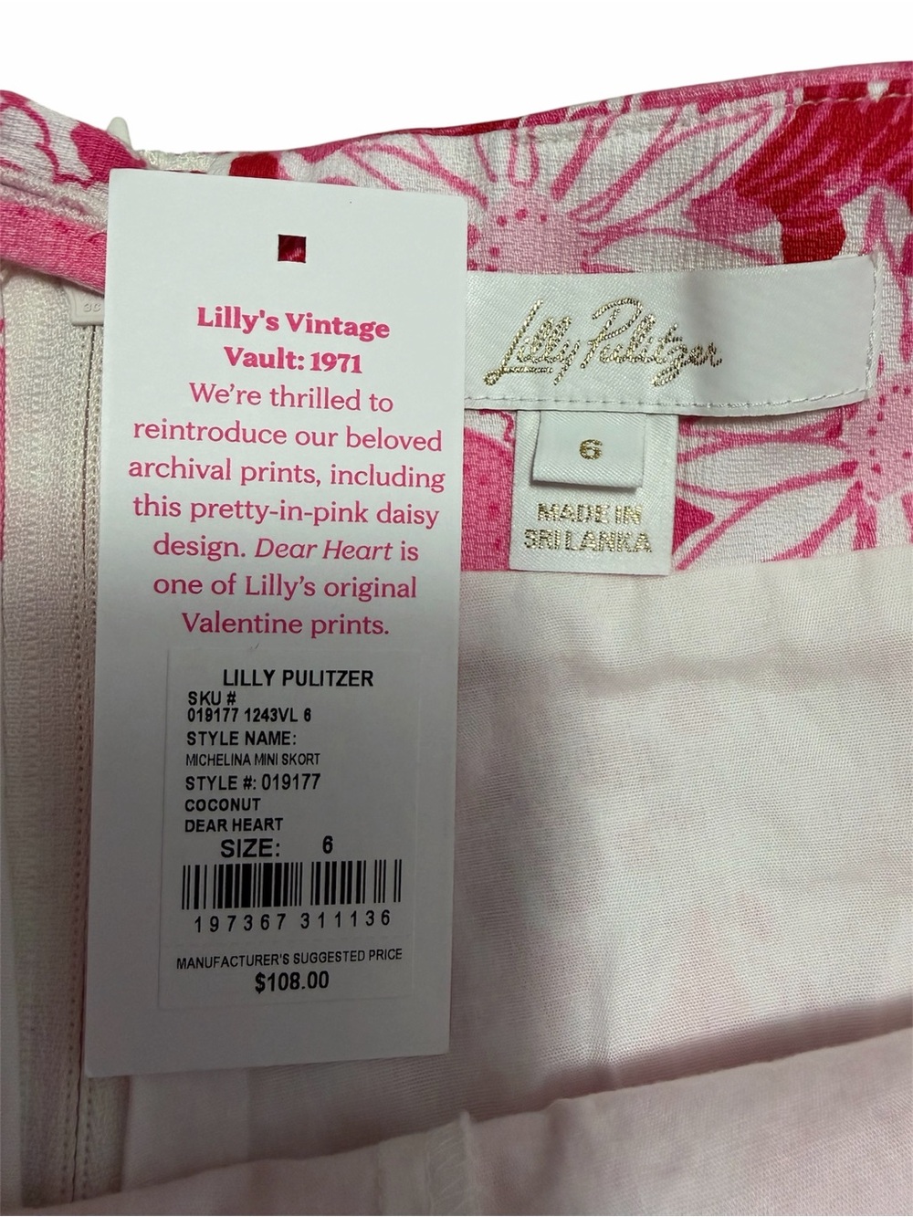 New Lilly Pulitzer Michelina Mini Skort - Vault Print 1977 Coconut Dear Heart - Picture 7 of 10